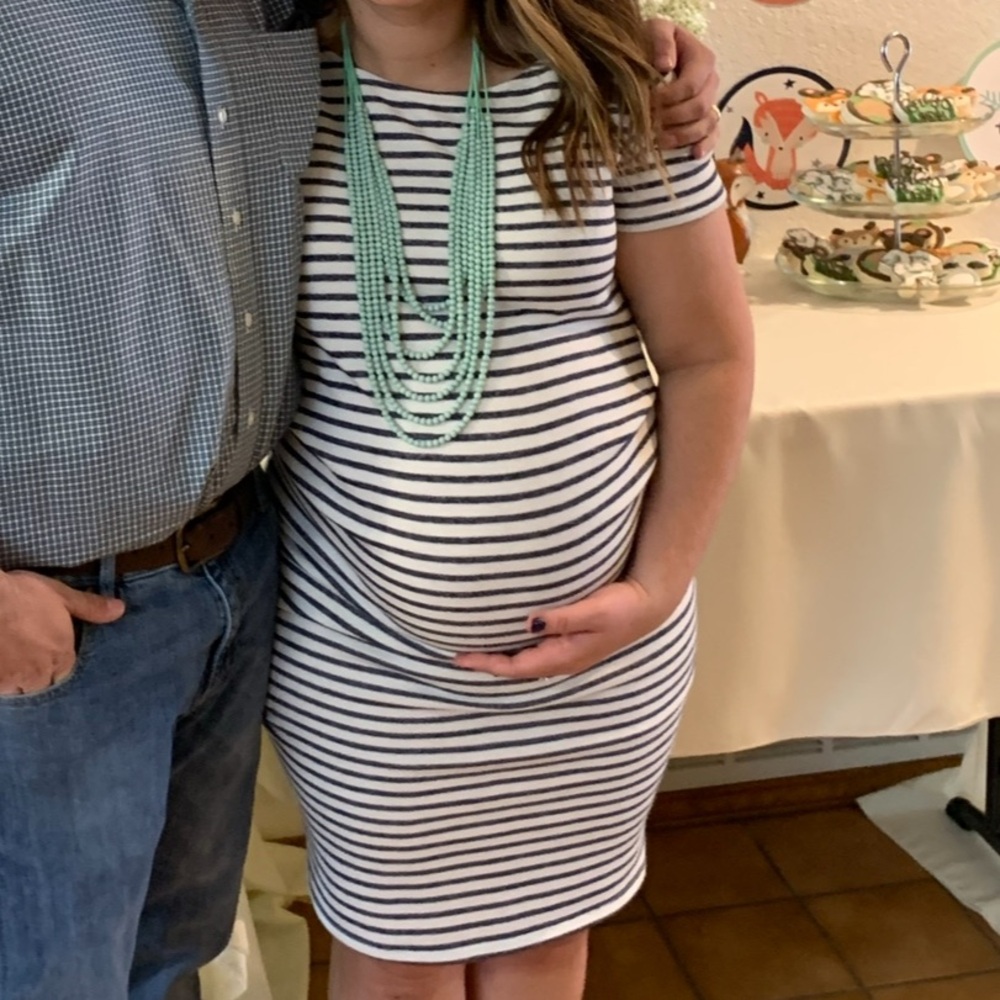 PinkBlush Stripped Fitted White & Navy Maternity Dress